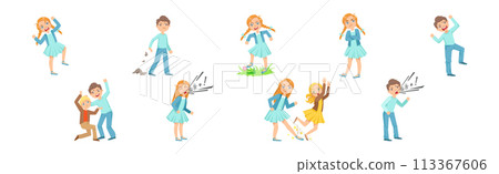 Aggressive Kid Hooligan Bullying Weak Have Bad Behavior Vector Set 113367606