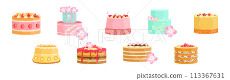 Creamy Tier Cake with Top Decoration Vector Set 113367631