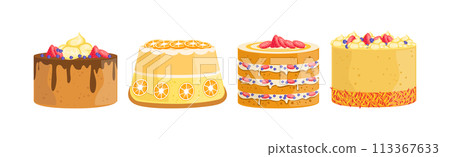 Creamy Fruit Cake with Top Decoration Vector Set 113367633