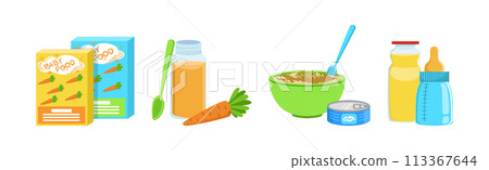 Baby Vitamin Food and Healthy Product Vector Set 113367644