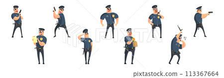 American Policeman Funny Character in Different Action Vector Set 113367664