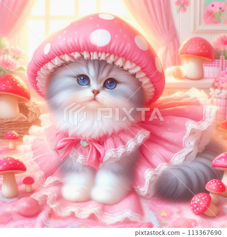 小步舞曲小貓穿著粉紅色蘑菇帽子和裙子 113367690