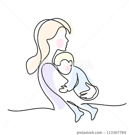 Mom holding a new born baby. Line art family portrait. Mom holding a new born baby. Line art family portrait. 113367769