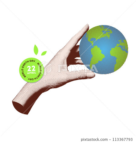 World Earth day banner. Modern collage with halftone hand holding planet Earth. 22 April holiday. Trendy vector illustration. World Earth day banner. Modern collage with halftone hand holding planet Earth. 22 April holiday. Trendy vector illustration. 113367793