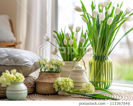 Home decor, spring flowers in apartment interior with bright light Home decor, spring flowers in apartment interior with bright light 113367848