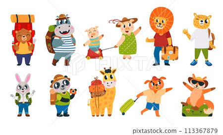 Animal and suitcases. Funny animals go travel. Touristic characters with luggage, bags and backpacks. Isolated childish mascots, classy vector set 113367879