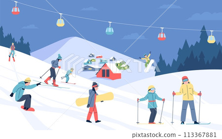 People on ski resort. Winter resting in mountains. Adults and children skiing and snowboarding. Outdoor seasonal sport activities, recent vector scene 113367881