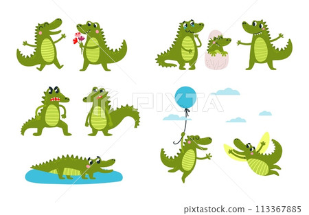 Scenes with cute cartoon crocodiles. Crocodile family with newborn reptile from egg, flying and emotional wild animals. vector childish mascots 113367885