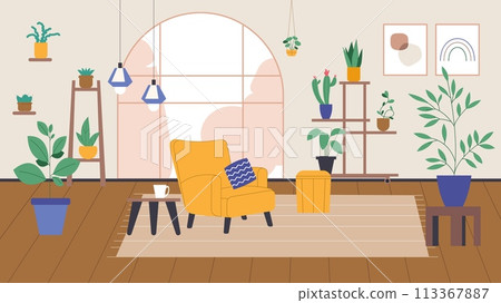 Flat winter garden interior. Planting and gardening hobby. Armchair, home plants in different pots, tea cup on table. Cozy vector living room 113367887