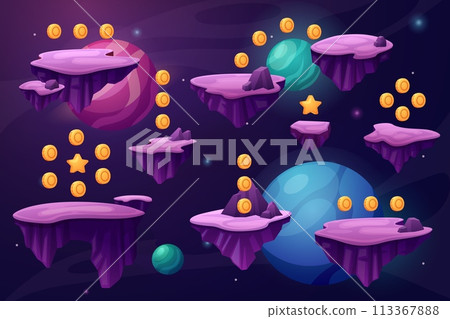 Game space location. Videogame location design with floating islands and golden coins in universe. Fantasy world, jumping level nowaday vector scene Game space location. Videogame location design with floating islands and golden coins in universe. Fantasy world, jumping level nowaday vector scene 113367888