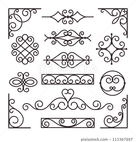 Ornamental fence elements. Vintage style line ornaments, angles and rosettes. Art deco, retro decorative design for printable, racy vector collection Ornamental fence elements. Vintage style line ornaments, angles and rosettes. Art deco, retro decorative design for printable, racy vector collection 113367897