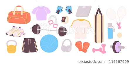 Sport training tools. Gym equipment, workout accessories for outdoor and home. Athletic shoes and clothes, bag and water bottle, racy vector clipart 113367909