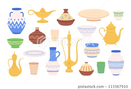 Arabic jugs and crockery. Moroccan saudi ancient lamp, decorated traditional plates, bowls and pots. Pottery arabian heritage, racy vector set 113367910