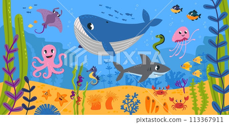Underwater world. Cartoon fish, whale and shark swimming in sea. Ocean flora and fauna, plants, sandy bottom with crabs, classy vector scene Underwater world. Cartoon fish, whale and shark swimming in sea. Ocean flora and fauna, plants, sandy bottom with crabs, classy vector scene 113367911