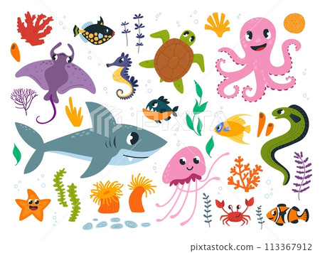 Underwater characters. Sea life, ocean animals, fish and seaweed. Cartoon shark and turtle, octopus, marine star and seahorse, classy vector set 113367912