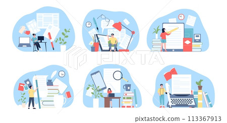 Creative authors working. Content creators, screenwriters and bloggers. Copywriters, social media managers and journalist, recent vector scenes 113367913