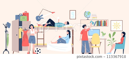 College hostel or dormitory. Students accommodation together, living in dorm. Academic year life, studying or education, recent vector scene College hostel or dormitory. Students accommodation together, living in dorm. Academic year life, studying or education, recent vector scene 113367918