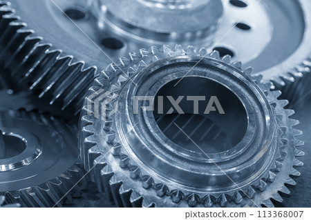 Close up scene the transmission gear parts in the light blue scene. 113368007