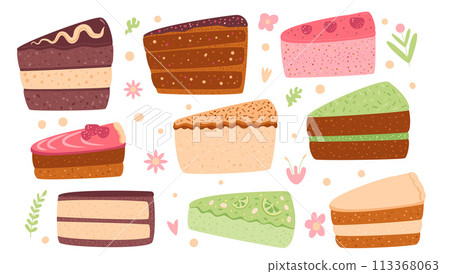 Slice of cakes collection. Sweet bakery pieces set. Pastry dessert with cream. Vector pie flat illustration isolated on white background 113368063