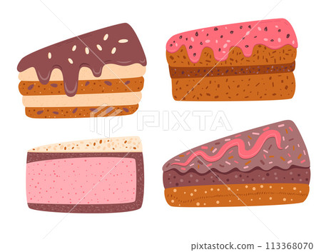 Slice of cakes collection. Sweet bakery piece. Pastry dessert with cream. Vector pie flat illustration Slice of cakes collection. Sweet bakery piece. Pastry dessert with cream. Vector pie flat illustration 113368070