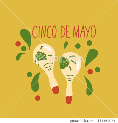 Cinco de Mayo. Hand drawn lettering text and maracas. Mexican festivals and culture traditions. Vector hand drawn illustration. 113368074