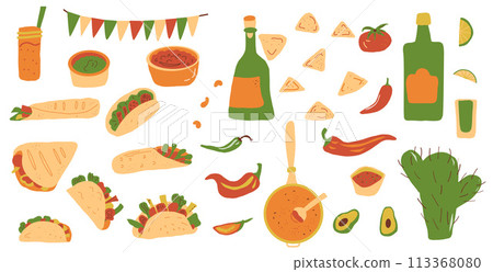 Mexican food set. Sauce salsa, guacamole. Burrito, taco, nacho. Traditional culture cuisine. Vector flat hand drawn illustration isolated. 113368080
