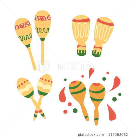 Maracas set. Mexican musical tools. Festival traditional accessory. Vector flat hand drawn illustration isolated on white background. 113368082