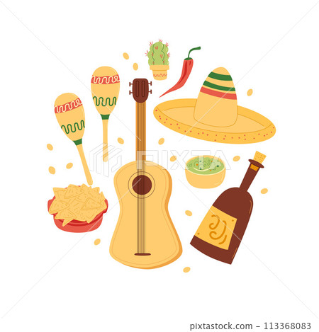 Mexican round emblem. Cinco de Mayo collection elements in circle shape. Musical tools, traditional cuisine. Mexican festivals and traditions. Vector illustration isolated on white background. Mexican round emblem. Cinco de Mayo collection elements in circle shape. Musical tools, traditional cuisine. Mexican festivals and traditions. Vector illustration isolated on white background. 113368083