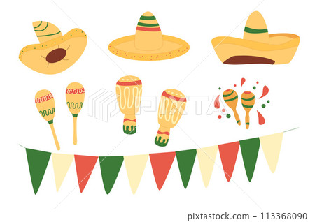 Cinco de Mayo elements set. Sombrero , maracas, flag garland. Mexican Festival traditional items. Vector flat hand drawn illustration isolated. 113368090