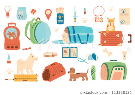 Travel with pets set. Trip with cats and dogs. Tourism supplies and accessories for domestic animals elements isolated on white background. Carrier, collar, passport and id tag. Vector illustration 113368125