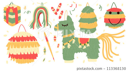 Pinana set for traditional mexican party. Horse, round and rainbow shape surprised toys with sweet presents. Carnival and birthday various elements for celebration play. Vector illustration Pinana set for traditional mexican party. Horse, round and rainbow shape surprised toys with sweet presents. Carnival and birthday various elements for celebration play. Vector illustration 113368130