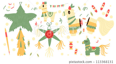 Pinana set for traditional mexican party. Carnival and birthday various toy for celebration play. Horse and star shape paper accessories with bat and sweets confetti Vector illustration 113368131