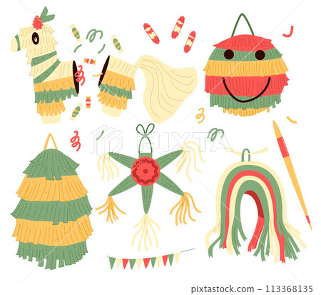 Pinana set for traditional mexican party. Carnival and birthday various toy for celebration play. Vector flat illustration isolated on white background 113368135