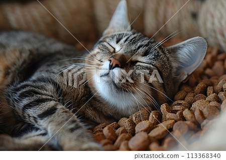 Cat Sleeping on Top of a Pile of Food Generative AI 113368340