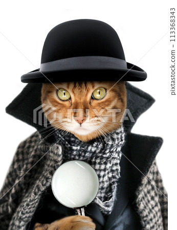 A cat with a magnifying glass dressed as a detective or sleuth. A cat with a magnifying glass dressed as a detective or sleuth. 113368343