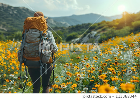 Person Walking Through Field of Flowers Generative AI 113368344
