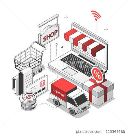 Online shopping - isometric red and black line illustrations 113368380