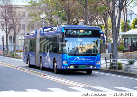 Bayside Blue/Wide (Hino Blue Ribbon Hybrid articulated bus) traveling in front of Yokohama Customs Bayside Blue/Wide (Hino Blue Ribbon Hybrid articulated bus) traveling in front of Yokohama Customs 113368415