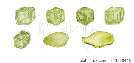 Set of fruit ice cubes. Melting Ice Cube and water green yellow drops. Frozen juice. Watercolor illustration isolated on white background. For menu, cocktail party, flyer, for the design of postcards Set of fruit ice cubes. Melting Ice Cube and water green yellow drops. Frozen juice. Watercolor illustration isolated on white background. For menu, cocktail party, flyer, for the design of postcards 113368448