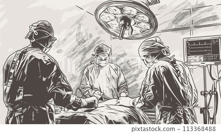 Working surgeon in operating room, vintage engraving sketch illustration. Medical team at work. Surgery process in hospital, vector scene 113368488