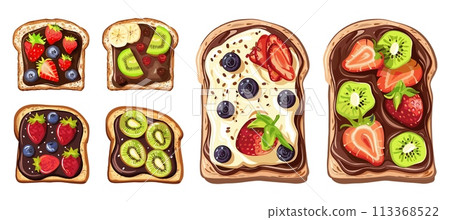 Sweet breakfast sandwiches top view. Sandwich with chocolate and peanuts paste, fruits and berries. Morning food, tasty toasts vector set 113368522