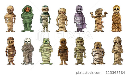 Mummies set. Cartoon mummy isolated on white background. Ancient Egypt elements, egyptian statues and died. Halloween costumes characters vector set Mummies set. Cartoon mummy isolated on white background. Ancient Egypt elements, egyptian statues and died. Halloween costumes characters vector set 113368584