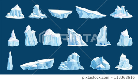 Icebergs icons. Isolated iceberg, north pole nature elements. Antarctic landscape object, ice rocks and snow mountains. Cartoon vector clipart 113368616