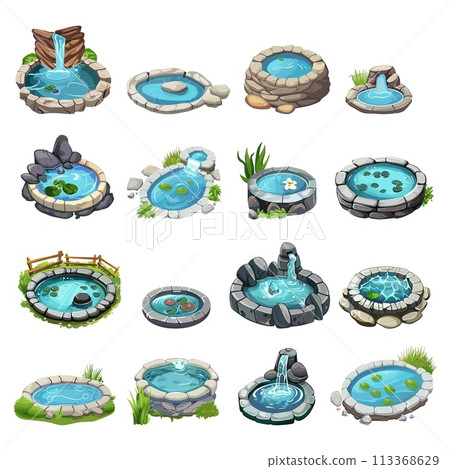 Garden ponds collection. Isolated cartoon pool, decorative backyard pond with stones. Outdoor decoration, nature design vector elements Garden ponds collection. Isolated cartoon pool, decorative backyard pond with stones. Outdoor decoration, nature design vector elements 113368629