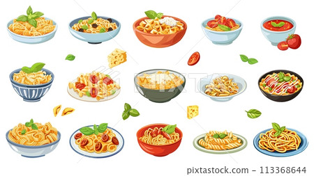 Different pasta meals. Italian cuisine dishes, spaghetti and penne with cheese and tomatoes. Homemade noodles and tomato soup, vector set Different pasta meals. Italian cuisine dishes, spaghetti and penne with cheese and tomatoes. Homemade noodles and tomato soup, vector set 113368644