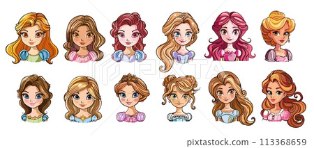 Cartoon princesses. Princess avatars, isolated cute female faces with fashion hairstyle and crowns. Young queen, girly fairytale vector characters 113368659
