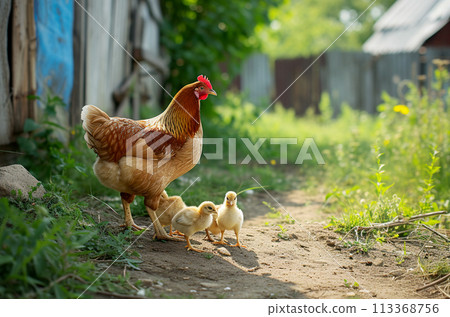 Hen with chicks outdoors on a pasture under the sun. Hen with chicks outdoors on a pasture under the sun. 113368756