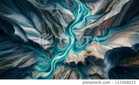 abstract aerial view of a marble canyon featuring rivers of vibrant blues and greens weaving through it  113368813