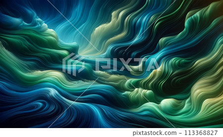 abstract fluid art background with smooth transitions between shades of ocean blue and emerald green 113368827
