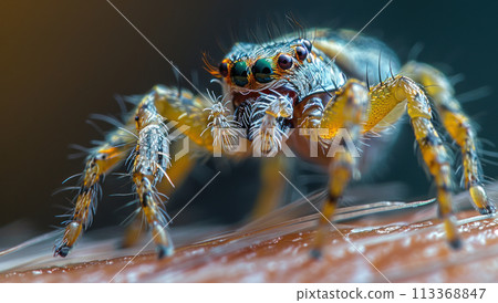 A jumping spider waits for prey. Macro portrait of a beautiful spider 113368847